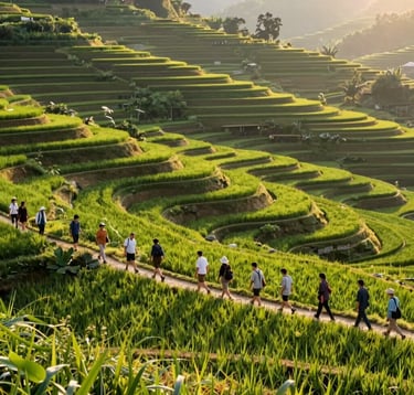 A professional wide-angle shot of travelers walking through lush green terraced rice fields during the golden hour. The lighting is warm and inviting, highlighting natural earth tones.