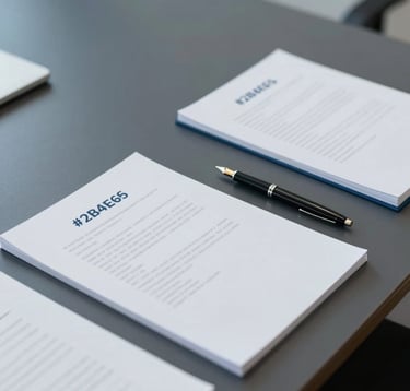 A minimalist overhead shot of a boardroom table with neatly arranged documents and a fountain pen. The lighting is professional and soft, conveying a mood of serious deliberation and stability. Colors: #2B4E6B and #F4F7FA.