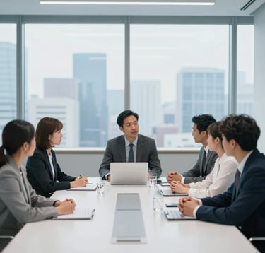 A group of diverse professionals in a minimalist, light-filled boardroom (#F4F7FA) engaged in a focused discussion. A glass wall in the background shows a cityscape in soft blue tones (#2B4E6B), suggesting collaborative leadership.