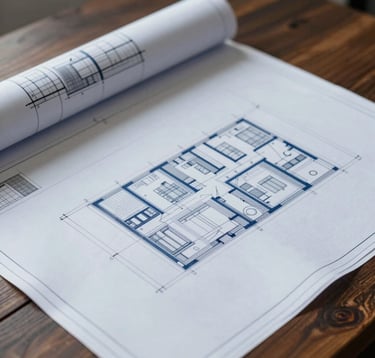 A close-up of high-quality architectural blueprints and structural plans lying on a dark wood table. Cool, analytical light highlighting the precision of the lines in grey-blue (#94A7B7) and mid-blue (#2B4E6B) tones, suggesting an operational and systems-focused approach.