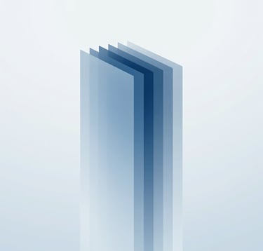 An abstract 3D visualization of multiple translucent blue layers aligning into a single vertical column. The style is technical and forward-thinking, emphasizing #94A7B7 and #2B4E6B tones.