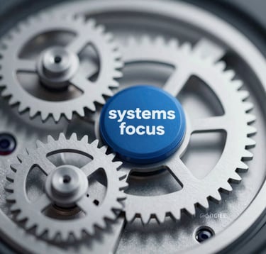 A conceptual photograph of a high-end mechanical clockwork mechanism with polished steel gears. The image is clean, sharp, and represents 'systems focus'. Color palette includes deep blues #2B4E6B and cool greys.