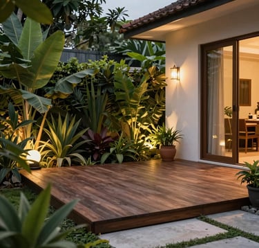 Close-up photography of a beautifully designed backyard in an Indonesian modern home. A wooden patio is surrounded by lush green plants and soft warm garden lighting at dusk. The atmosphere is peaceful and intimate, suitable for family gatherings. Southeast Asian / Indonesian context.