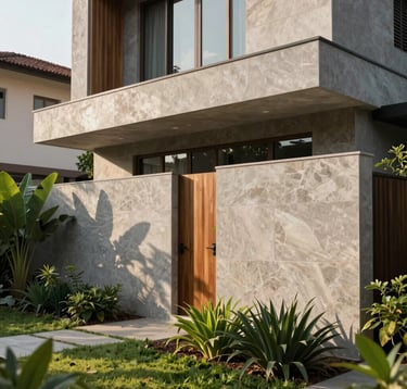 Close-up photography of a modern minimalist house facade at Wijaya Residence. High-quality natural stone textures, clean lines, and warm wood accents. The lighting is bright morning sunlight, highlighting the lush green garden in the foreground. Set in an Indonesian residential area.