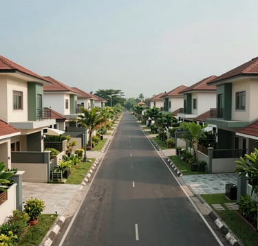 An eye-level perspective of a clean residential street in an Indonesian housing complex. Neatly paved roads, modern houses with small green gardens, and a peaceful atmosphere. The color palette features soft beige, dark green, and medium green tones under a clear sky.