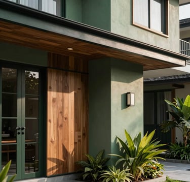 A photography showing a close-up detail of a house facade at Wijaya Residence. Features dark green and sage green accents, clean wooden textures, and a small front garden with tropical plants. The lighting is soft morning sunlight, emphasizing the elegant and calm mood.