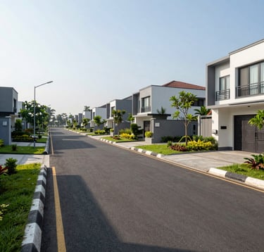 A photography of the strategic Sooko area in Mojokerto, showing a clean, paved road leading to the housing complex. The scene features Southeast Asian / Indonesian residential architecture with modern minimalist style, surrounded by green manicured lawns and trees under a clear, bright morning sun.