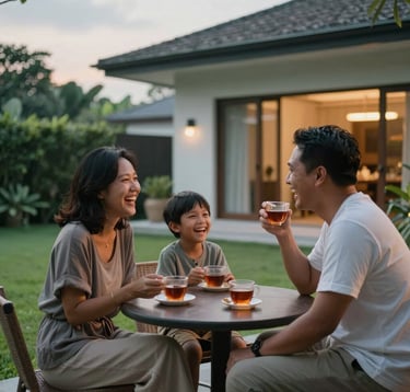 A heartwarming candid photograph of an Indonesian family - a couple and their child - sitting on the terrace of a modern home, laughing and drinking tea. The background shows a lush green lawn and elegant architectural details. Soft evening lighting creates a cozy atmosphere.