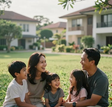 Candid photography of a happy Southeast Asian / Indonesian family laughing together in a lush, sunny green park area of a residential complex. Warm sunlight, soft bokeh background of modern houses, emphasizing comfort and family warmth.