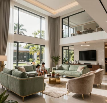 Interior shot of a modern living room in an Indonesian home, showcasing high ceilings, large windows letting in natural light, and elegant minimalist furniture in sage green and champagne tones. The space looks airy, warm, and inviting for a family gathering.