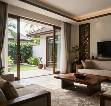 A daylight photograph showcasing the interior of a modern living room in the residence. Open-plan design with large sliding glass doors leading to a green courtyard, allowing natural light to flood the space. The decor is elegant and minimalist. Southeast Asian / Indonesian style.