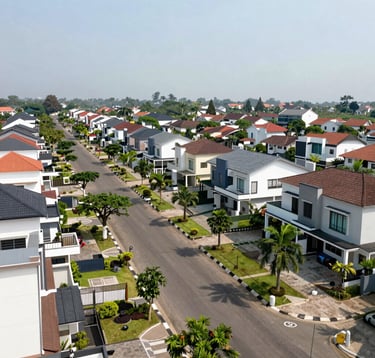 Landscape photography of a modern residential neighborhood in Mojokerto, Indonesia. The focus is on a wide, clean street with green trees and small parks interspersed between contemporary houses. Bright, clear daylight with soft shadows, conveying a sense of organized and peaceful living.