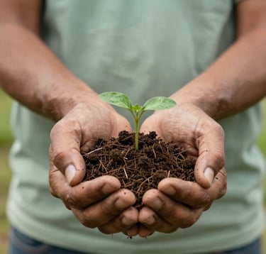 A close-up photograph of a community member's hands holding a handful of rich soil with a small green seedling ready for planting. The shot features natural lighting and earthy tan and sage green tones. South American / Colombian rural setting.