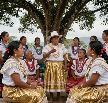 A powerful, dignifying image of a group of community members from the South American / Colombian Pueblo Barí sharing knowledge under a large tree. They are dressed in cultural attire with golden sand and pearl white accents. Soft lighting.