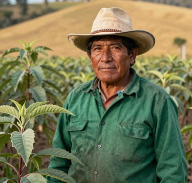 A high-quality portrait of a local campesino in South America / Colombia, wearing a traditional hat and a green work shirt, standing proudly in a reforested field. The lighting is warm, highlighting the sage green leaves and golden sand soil in the background.