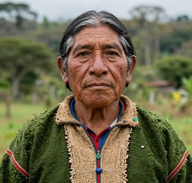 A close-up portrait of a member of the Pueblo Barí in Colombia, reflecting wisdom and resilience. They are wearing traditional attire with moss green and earthy tan fibers. Behind them, the soft-focus background shows the diverse greenery of their ancestral forest home. Natural, professional lighting.