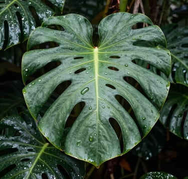A close-up photograph of lush, native flora in the South American / Colombian jungle. The focus is on the intricate textures of a tropical leaf with water droplets, symbolizing ecosystem restoration. Tones of sage green and dark forest green dominate.