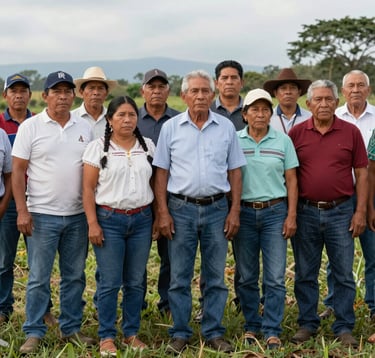 A respectful portrait of a group of community leaders, including people from the Barí community and local farmers, standing together in a South American / Colombian rural field. They look forward with determination and pride. Soft natural lighting.