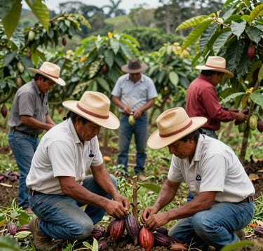 A group of campesinos working in a sustainable cacao plantation, showing professional agricultural practices. They are wearing hats and traditional working attire in a lush green environment. South American / Colombian countryside.