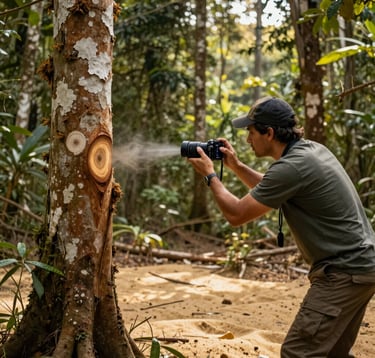 An environmental professional in a South American / Colombian forest setting using a mobile device to record tree growth. The scene captures the blend of technology and nature, with golden sand sunlight filtering through the canopy.