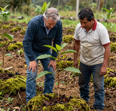 Photography of a South American / Colombian conservation expert and a local farmer standing together in a reforestation plot. They are looking at a young tree sapling. The scene is filled with vibrant moss green leaves and rich earthy tan soil. High-quality, impactful documentary style.