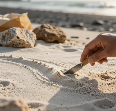 A close-up, candid detail of a sand art project in progress. A hand gently smooths a ridge of creamy white sand with a specialized tool. The lighting is warm and golden. In the background, out-of-focus aged parchment colored rocks and the soft blur of a charcoal-tinted ocean tide. Cinematic depth of field.