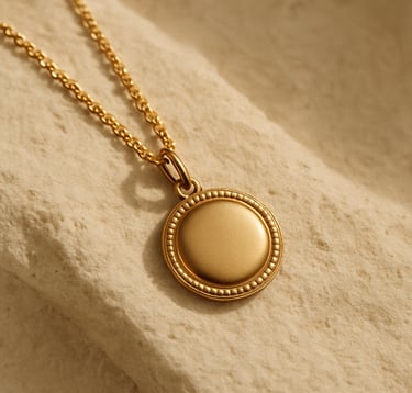 Close-up macro photography of a gold pendant necklace draped over a textured light cream stone surface. The image exudes quiet luxury and meticulous craftsmanship, with champagne tones and soft shadows. High-end magazine layout. Global / North American and Western European.