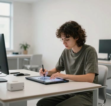 A professional 3D artist working in a bright, modern North American / US production office. The person is using a digital tablet for design work, surrounded by cool off-white walls and soft silver-grey minimalist furniture. The lighting is clean and professional.