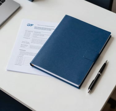 An overhead flat-lay photograph of professional financial report booklets and document folders bound elegantly, resting on a white desk in an executive office in France. A premium pen rests nearby. Bright, natural workspace lighting, clean composition with soft blue shadows.