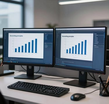 A crisp, professional setup of a dual-monitor editing desk inside a modern Parisian agency. The screens display a video tutorial about accounting principles with clean, high-contrast bar charts. The mood is highly studious and advanced, styled in rich navy blue tones.
