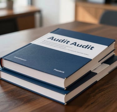 A high-quality close-up photograph of premium printed audit methodology guides and notebooks stacked neatly on a dark wooden office desk in France. The background is a soft-focus bright modern office with warm light filtering through, highlighting the rich navy blue and clean off-white covers.