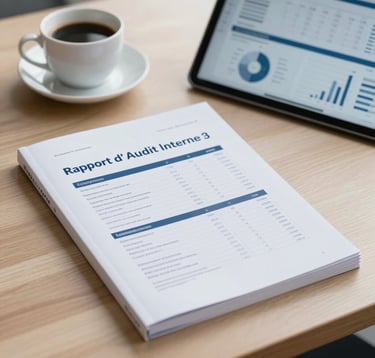 A close-up photograph of a sleek, printed PDF manual titled 'Rapport d'Audit Interne' resting on a minimalist wooden desk in a bright office in France. Next to it, an elegant coffee cup and a digital tablet showing financial analysis graphs in soft light-blue tones.