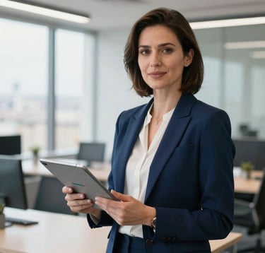 A professional portrait of a confident finance instructor in her thirties, wearing a navy blue blazer, standing in a brightly lit modern Parisian corporate office, holding a digital tablet with charts.