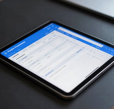An elegant, close-up photograph of a sleek tablet resting on a clean dark desk, displaying premium corporate audit dashboards and audit checklist software. The scene is illuminated by soft, bright blue screens, highlighting professional precision.