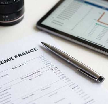 A close-up photograph of printed premium financial report documents, a sleek high-end rollerball pen, and a high-resolution tablet displaying financial audit flowcharts on a bright desk. Elegant soft-focus corporate setup in France.