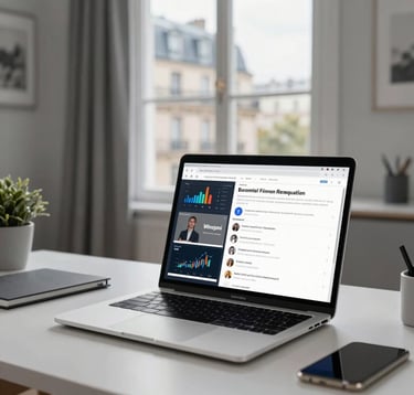 A modern lifestyle photo of a workspace with a laptop open on an educational dashboard, displaying interactive financial courses. Beautiful natural light coming from a window in a Parisian building, with clean lines and soft grey accents.
