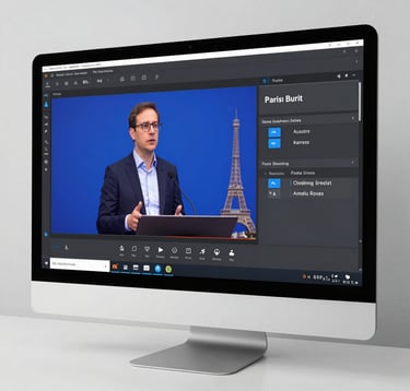 A clean, modern photographic shot of an ultra-wide desktop monitor showing an educational video player in Paris, France. The screen displays an expert conducting a training session with professional financial slides in deep blue and vibrant blue tones.
