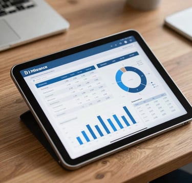 A clean close-up shot of a modern tablet on a wooden desk in an office in France. The tablet screen shows detailed financial analysis, balance sheets, and bar charts. Professional setting, soft lighting, bright blue and dark blue branding accents.