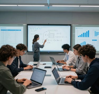 A stylish, bright open-plan digital academy classroom in France. Ambitious young adult students are focused on their laptops, surrounded by interactive glass writing boards showing structured accounting formulas and neat corporate blueprints, under elegant steel blue ambient lighting.