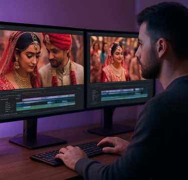 A professional video editor working at a high-end desk with two monitors, showing cinematic timelines of a South Asian / Indian wedding. The room is softly lit with muted purple and blue tones, suggesting focus and artistic dedication.