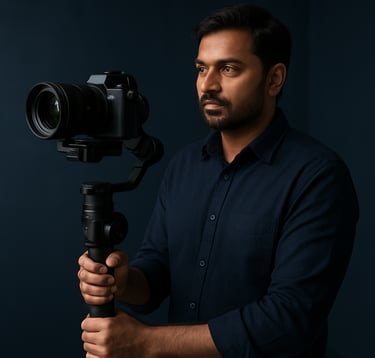 A professional photographer in a minimalist navy studio setting, holding a high-end camera with a gimbal. The lighting is soft and professional, highlighting a sophisticated and creative South Asian / Indian production environment.