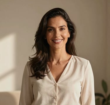 A professional portrait of a Brazilian woman photographer with a warm and inviting expression. She is standing in a minimalist studio with natural light, wearing a simple soft ivory blouse. The background has muted beige and warm taupe tones, suggesting a professional yet cozy South American atmosphere.