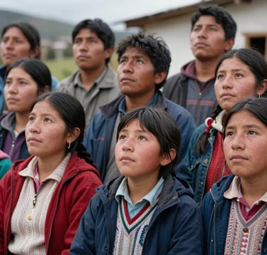 A heartfelt photography scene in a community setting in the South American / Ecuadorian highlands. A group of diverse people looking upward with expressions of hope and unity, symbolizing the human and social impact of the author's work.