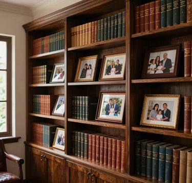 A warm and sophisticated interior of a luxury residence in Ecuador. Soft, natural light illuminates a private library with leather-bound books and personal family photographs in elegant frames, conveying a human-centric and legacy-focused tone.
