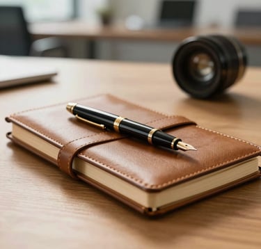 A close-up of a professional desk with a leather-bound notebook and a fountain pen, with a soft-focus background of a corporate office in Ecuador, lit in warm golden tones.