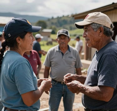 A documentary-style photograph of a community development project in a South American / Ecuadorian setting, showing a dignified interaction with natural sunlight and a focus on social impact.