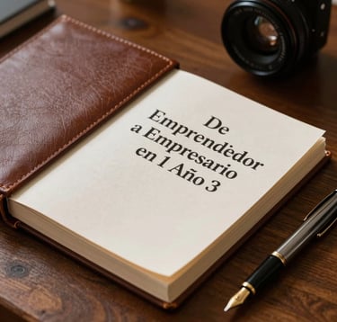 A close-up of a professional desk in Cuenca, Ecuador, featuring a leather-bound book titled 'De Emprendedor a Empresario en 1 Año' and a gold-nibbed pen. The lighting is focused and warm, highlighting textures of paper and wood.