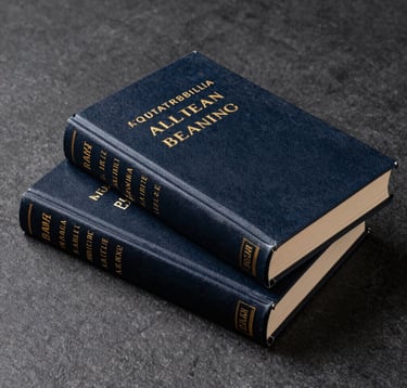 Studio photography of two elegant hardcover books placed on a dark stone surface. The lighting highlights the gold foil lettering of the titles. A sophisticated composition representing authorship and intellectual leadership.