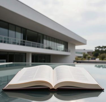 Professional studio portrait of an open book resting on a glass surface, reflecting a modern Ecuadorian architectural structure in the background. Lighting is bright, high-contrast, and Apple-like in its minimalism.