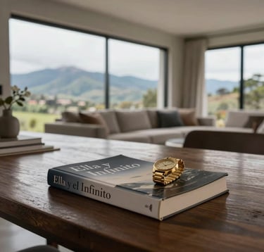A lifestyle shot of a modern, elegant living space in Cuenca, Ecuador, with large windows showing the Andean landscape. On a dark wooden table lies a copy of the book 'Ella y el Infinito' next to a gold watch.